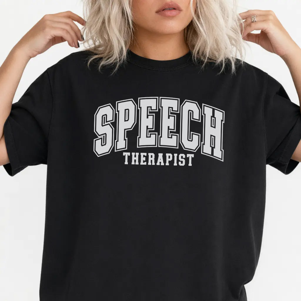 Woman wearing a black collegiate speech therapist SLP women&