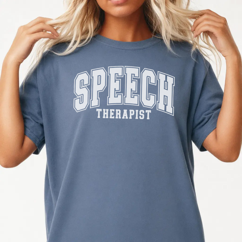 Woman wearing a blue jean collegiate speech therapist SLP women&