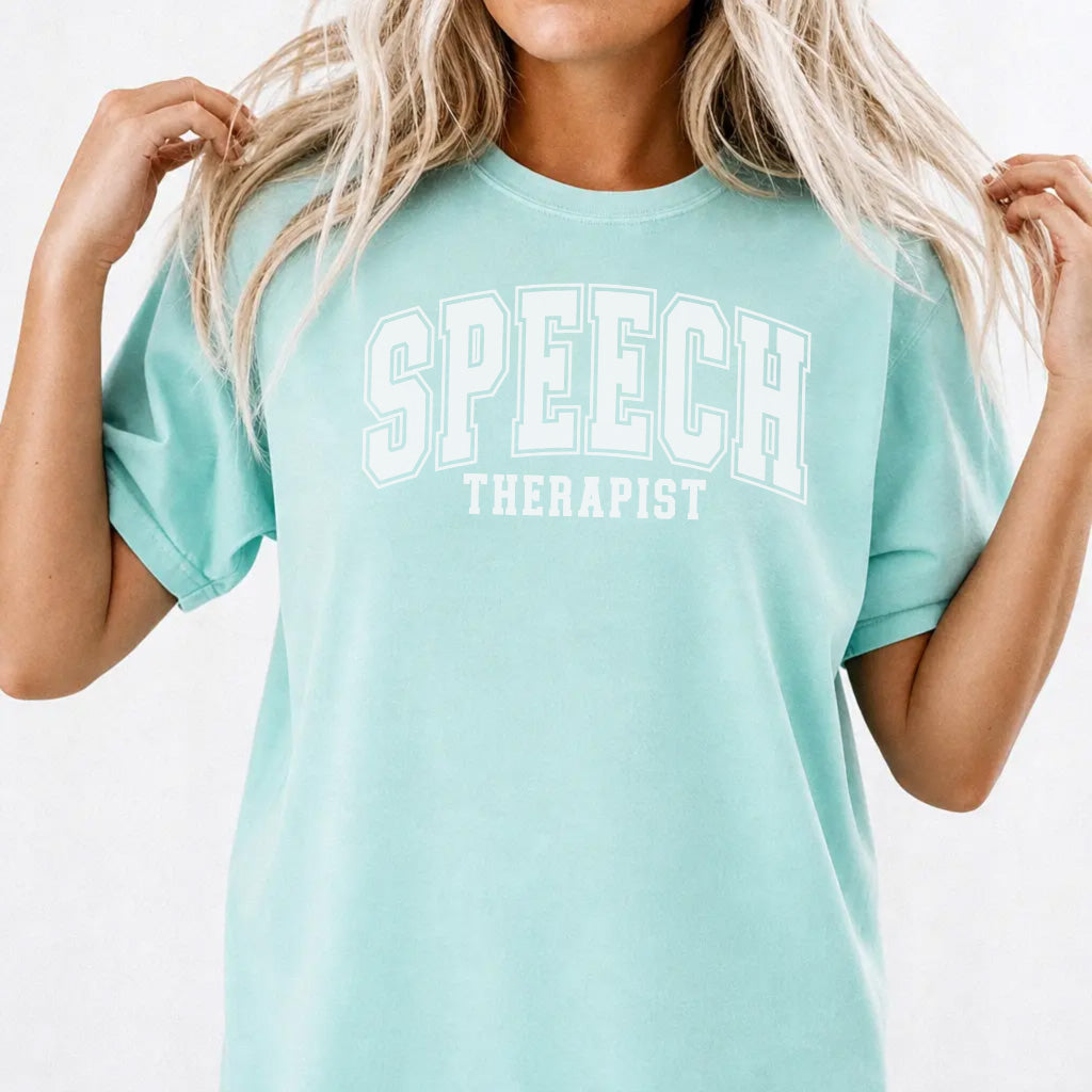 Woman wearing a chalky mint collegiate speech therapist SLP women&