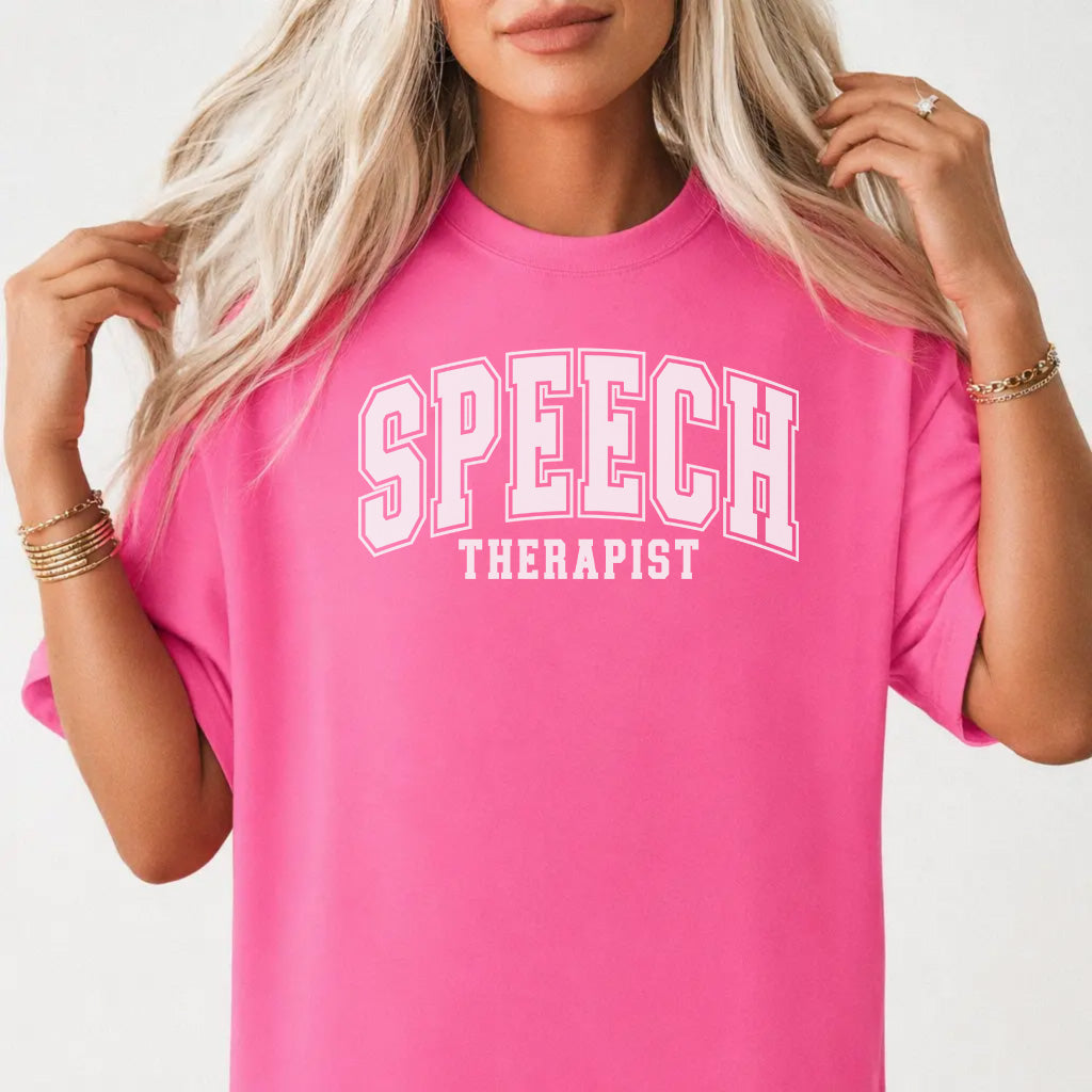 Woman wearing a neon pink collegiate speech therapist SLP women&