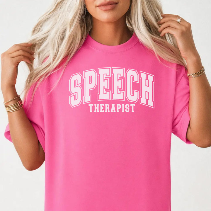 Woman wearing a neon pink collegiate speech therapist SLP women&