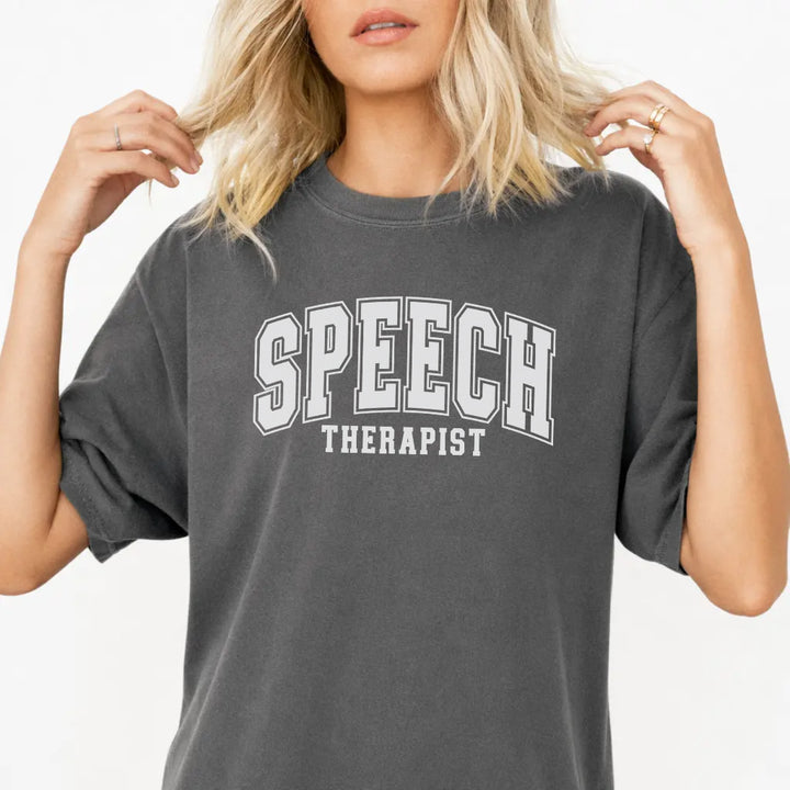 Woman wearing a pepper collegiate speech therapist SLP women&
