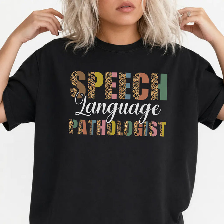 Woman wearing a black colorful SLP speech language pathologist women&