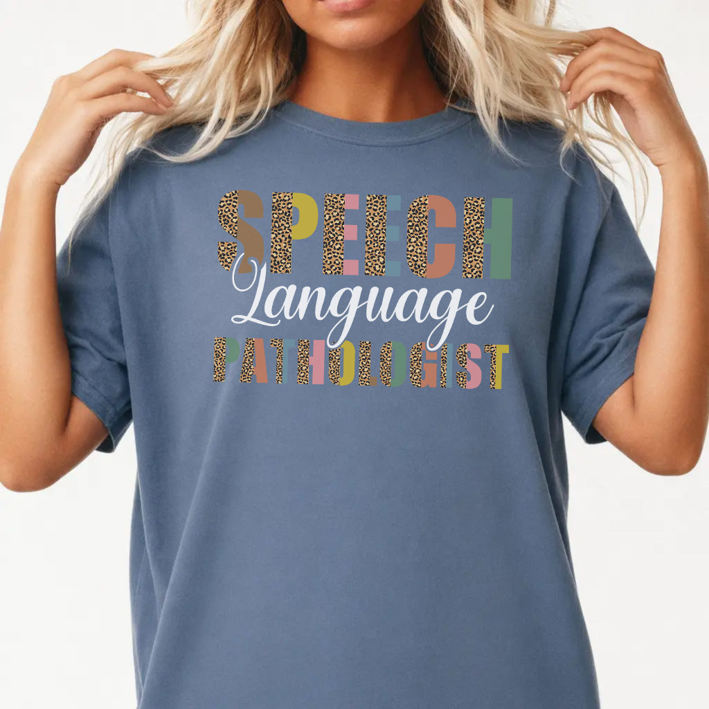 Woman wearing a blue jean colorful SLP speech language pathologist women&