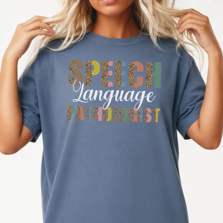 Woman wearing a blue jean colorful SLP speech language pathologist women&