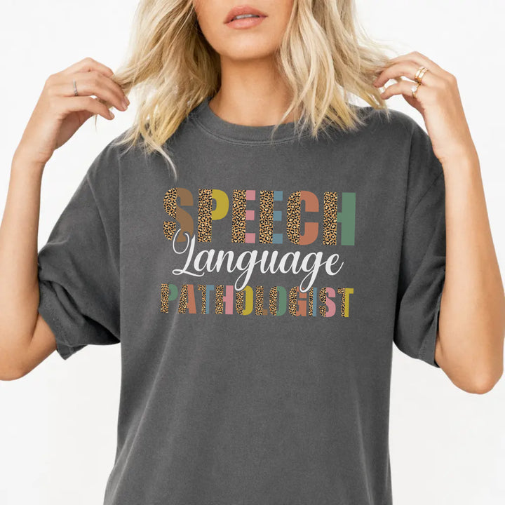 Woman wearing a pepper colorful SLP speech language pathologist women&