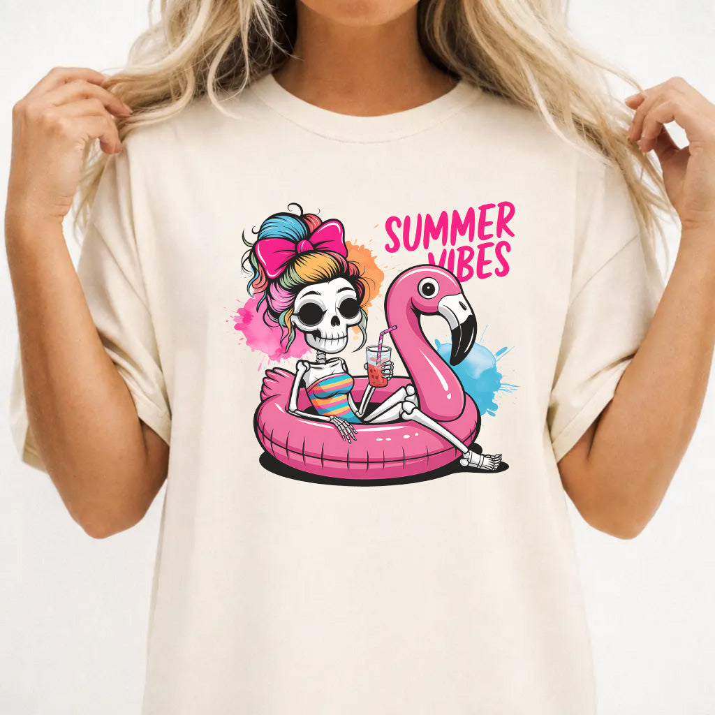 Woman wearing an ivory flamingo pool float skeleton women&