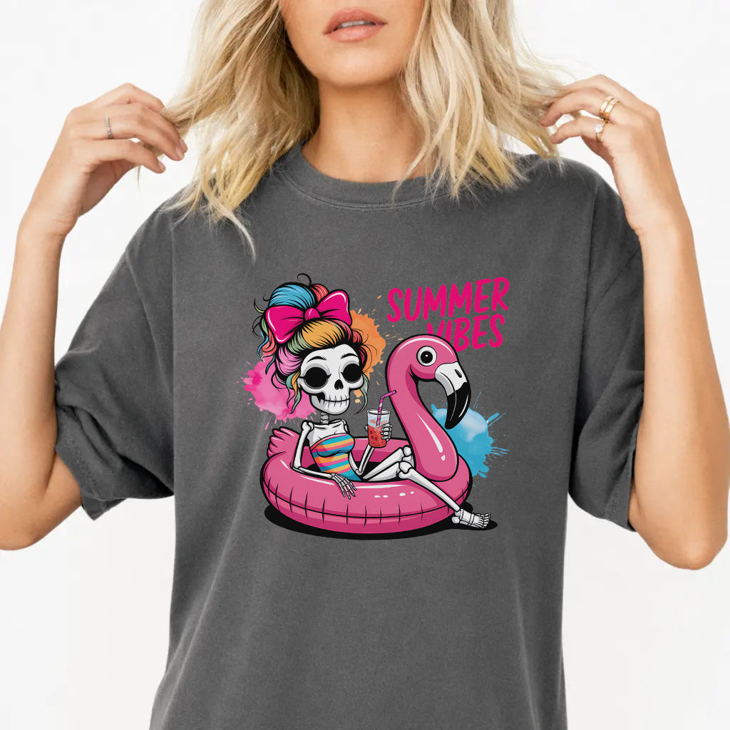 Woman wearing a pepper flamingo pool float skeleton women&