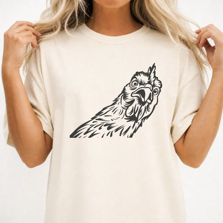 Woman wearing an ivory funny chicken women&
