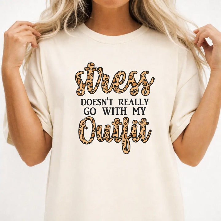 Woman wearing an ivory funny leopard print women&