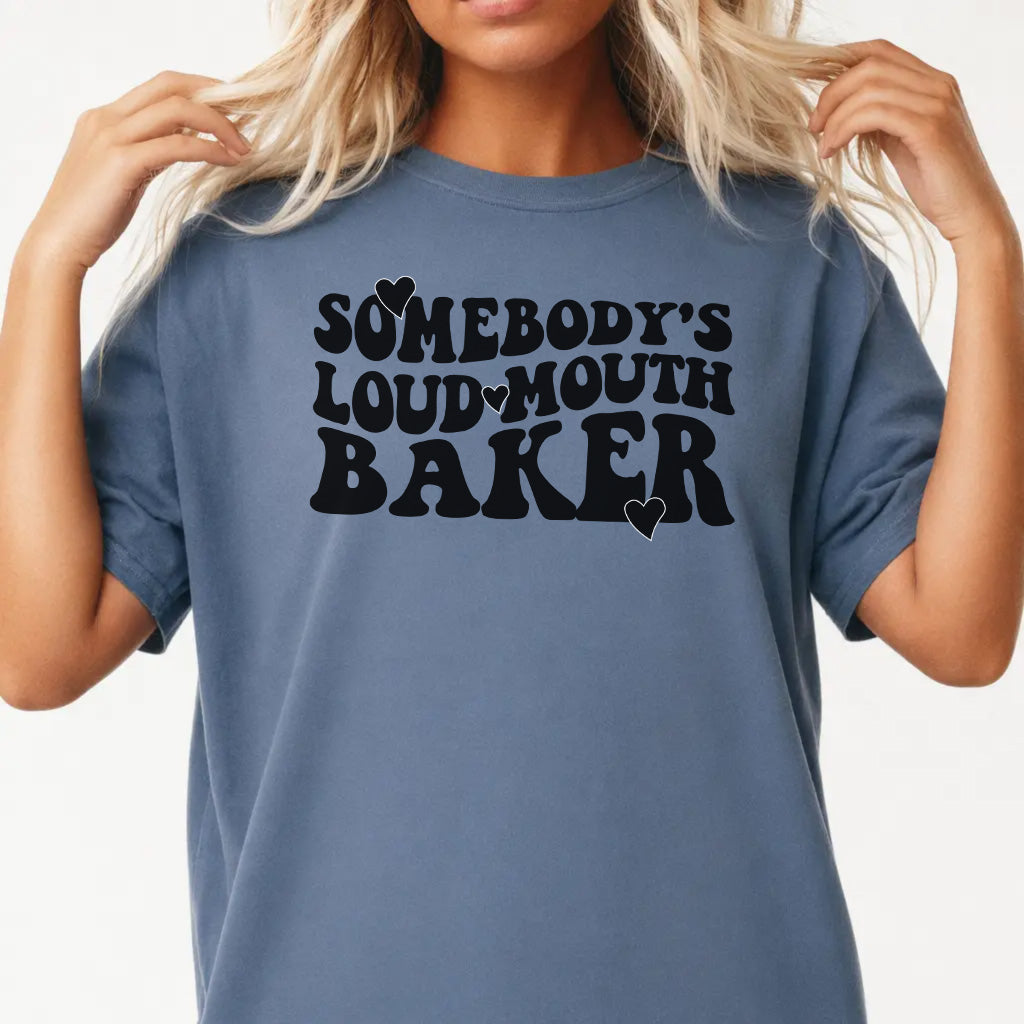 Woman wearing a blue jean funny loud mouth baker women&
