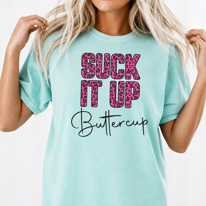 Woman wearing a chalky mint funny pink leopard print women&