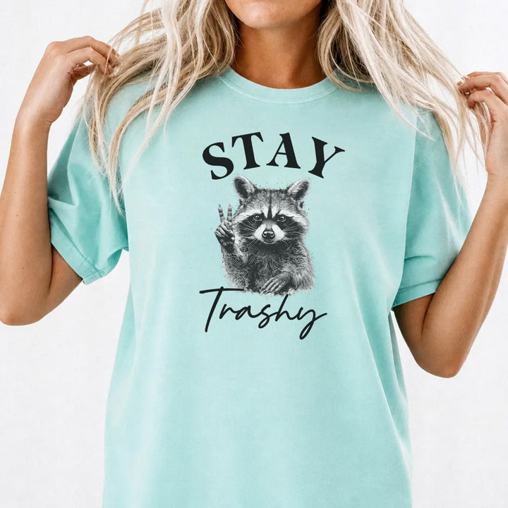 Woman wearing a chalky mint funny raccoon women&
