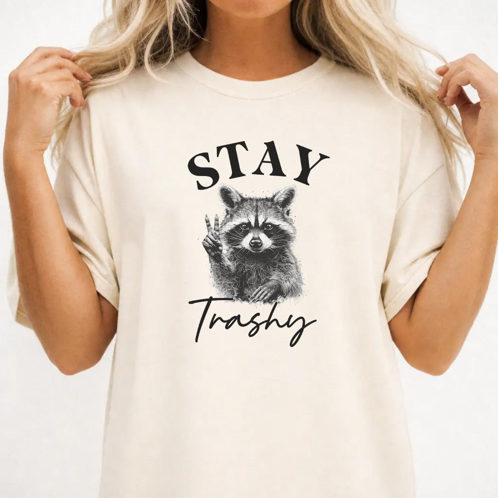 Woman wearing an ivory funny raccoon women&