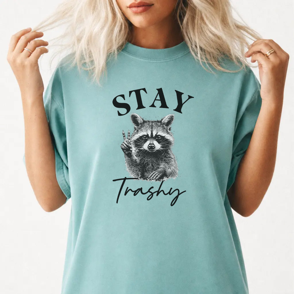 Woman wearing a seafoam funny raccoon women&