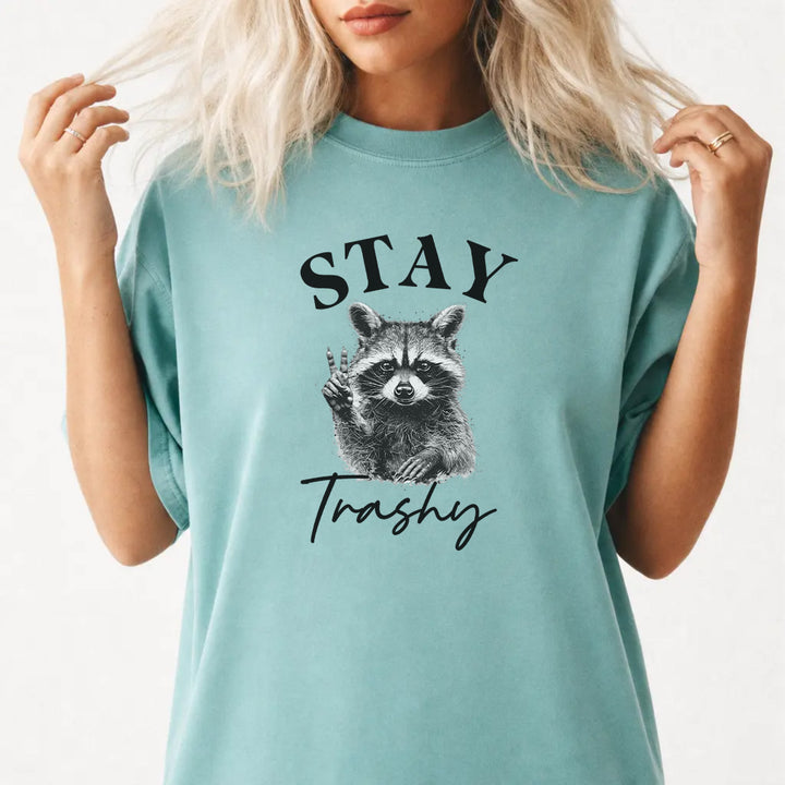 Woman wearing a seafoam funny raccoon women&