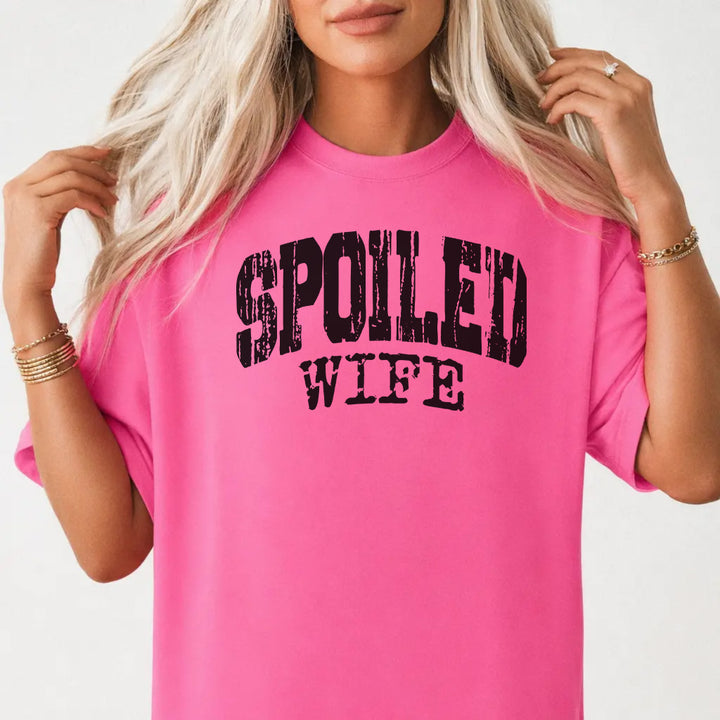 Woman wearing a neon pink funny wife humor women&
