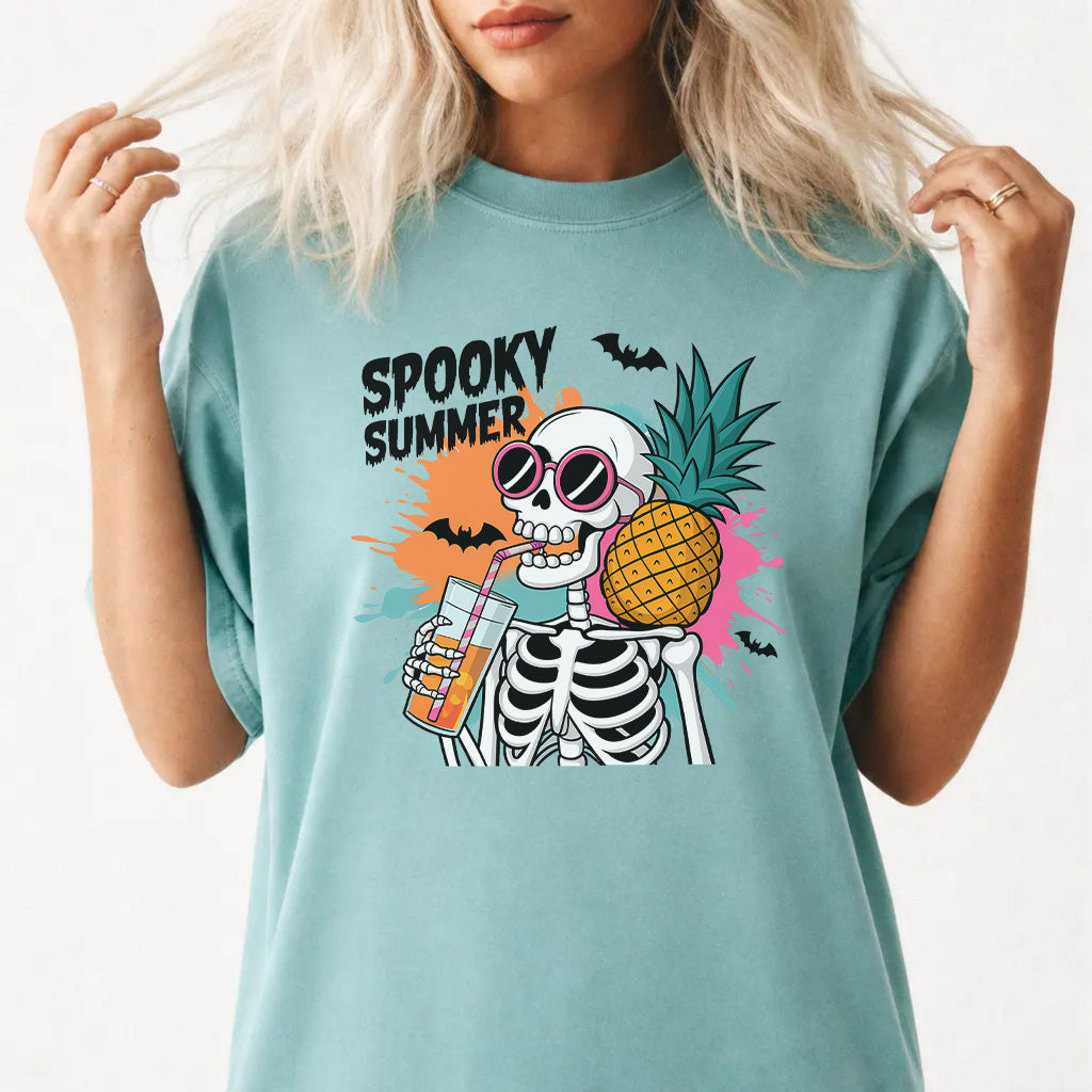 Woman wearing a seafoam halloween tropical skeleton women&