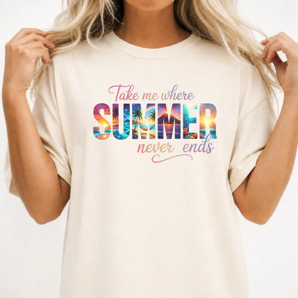 Woman wearing an ivory oversized tropical summer graphic tee with sunset beach lettering