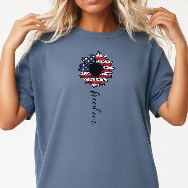 Woman wearing a blue jean patriotic sunflower freedom women&