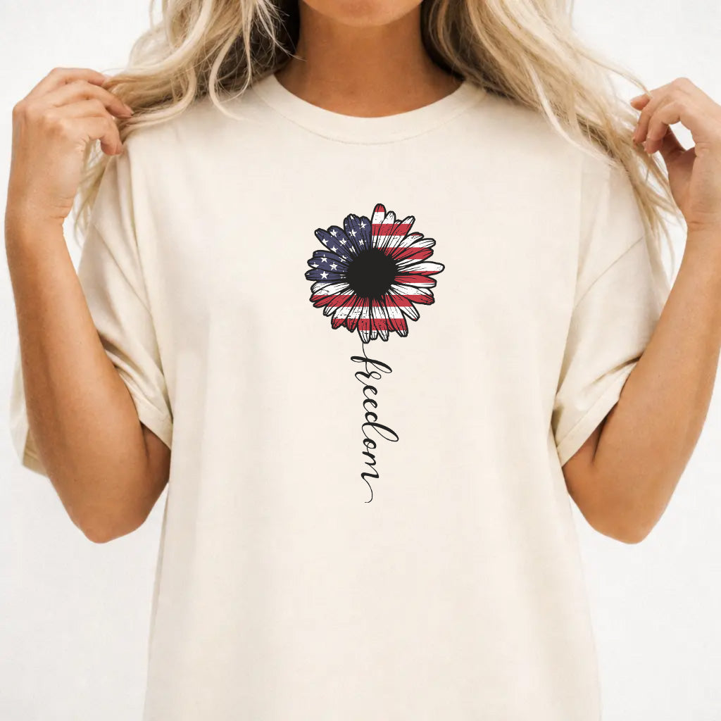 Woman wearing an ivory patriotic sunflower freedom women&