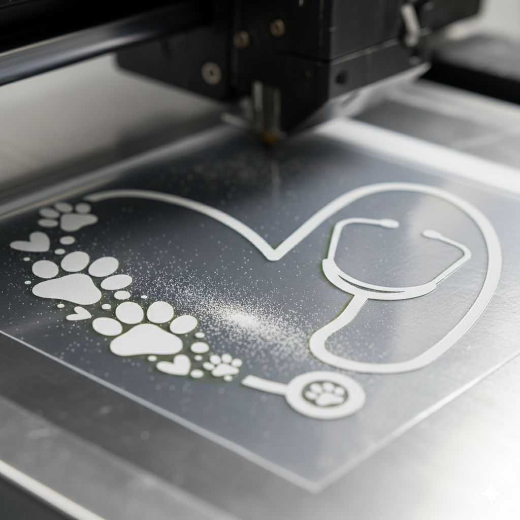 Custom graphic tee design being printed on a heat press machine at Okum Tees