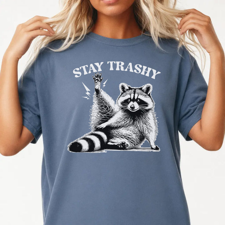 Woman wearing a blue jean retro raccoon animal women&