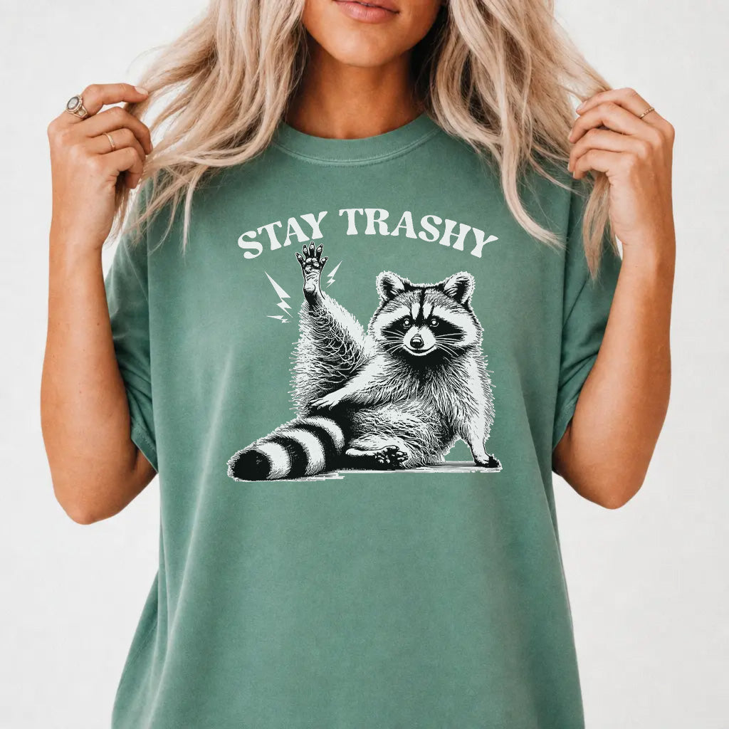 Woman wearing a light green retro raccoon animal women&