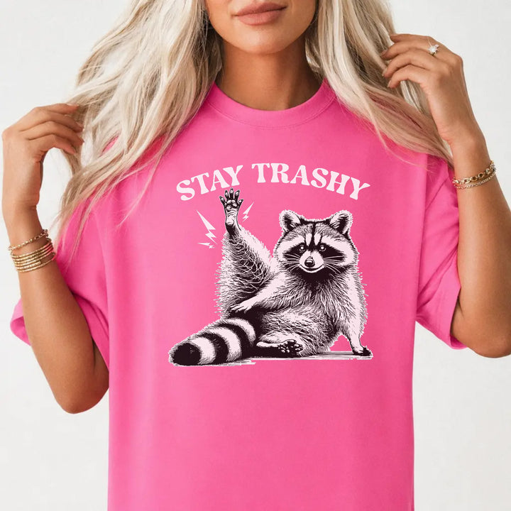 Woman wearing a neon pink retro raccoon animal women&