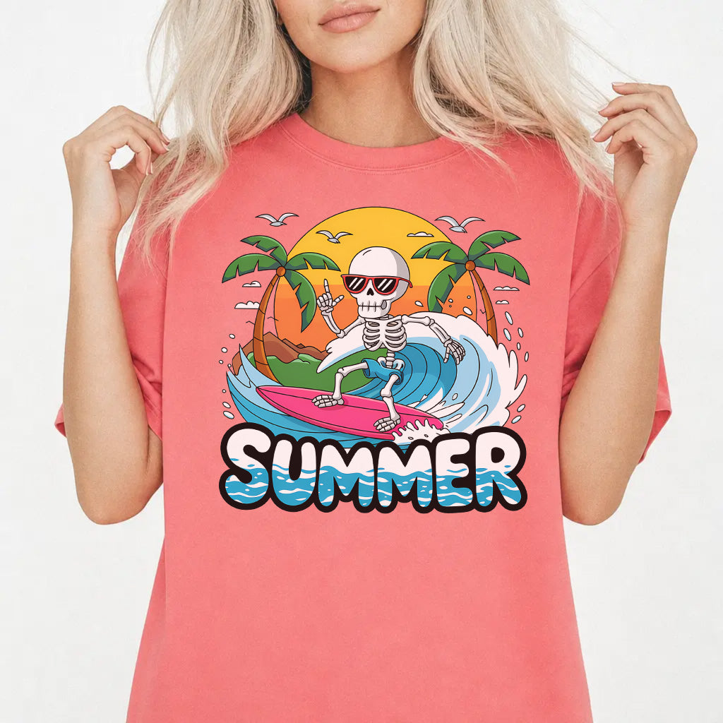 Woman wearing a watermelon-colored skeleton surfer summer women&