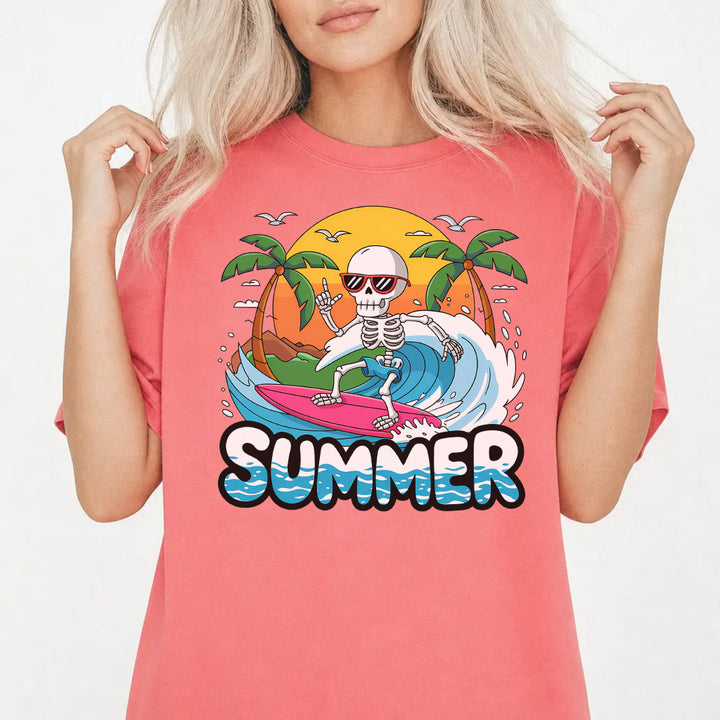 Woman wearing a watermelon-colored skeleton surfer summer women&