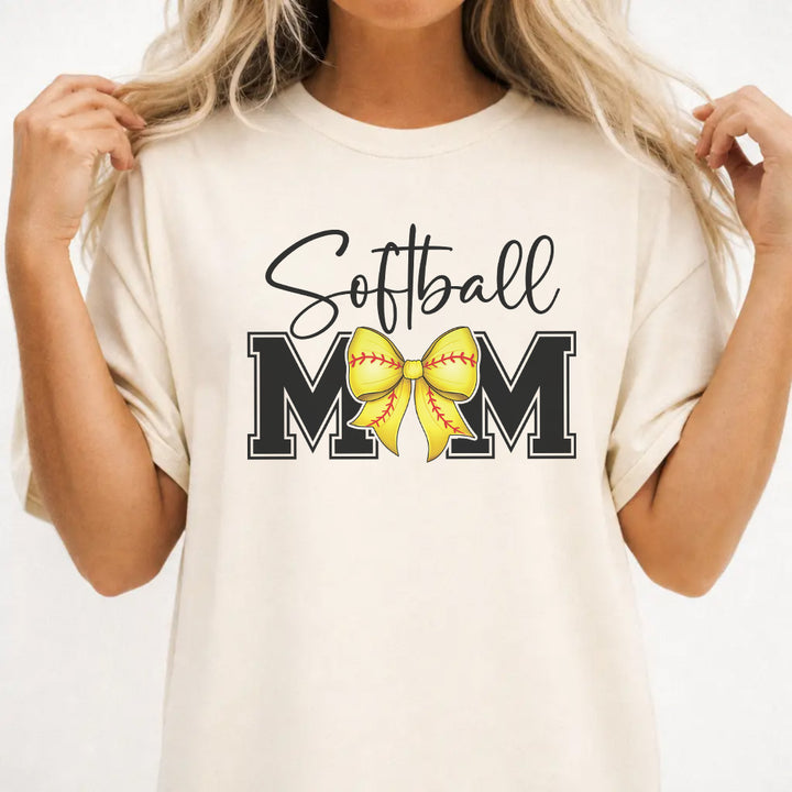Woman wearing an ivory softball mom bow women&