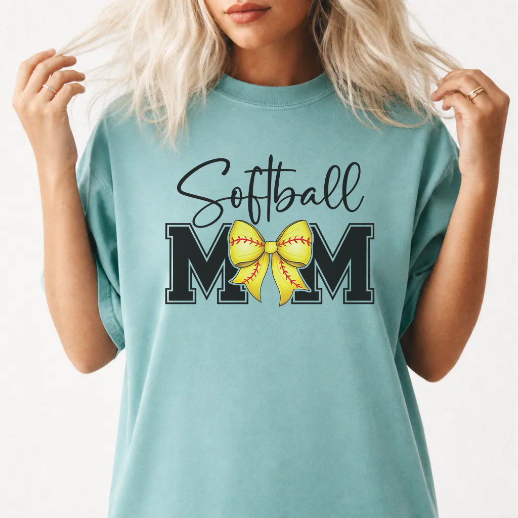 Woman wearing a seafoam softball mom bow women&
