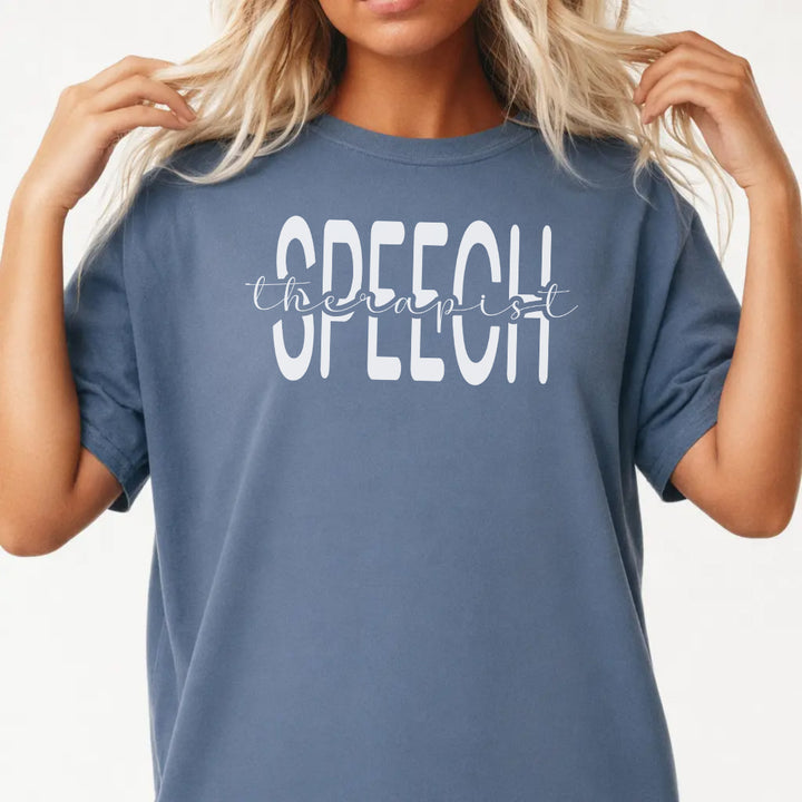 Woman wearing a blue jean speech therapist SLP women&