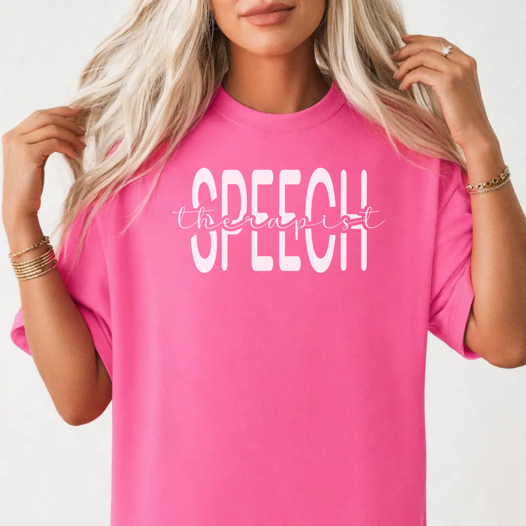 Woman wearing a neon pink speech therapist SLP women&