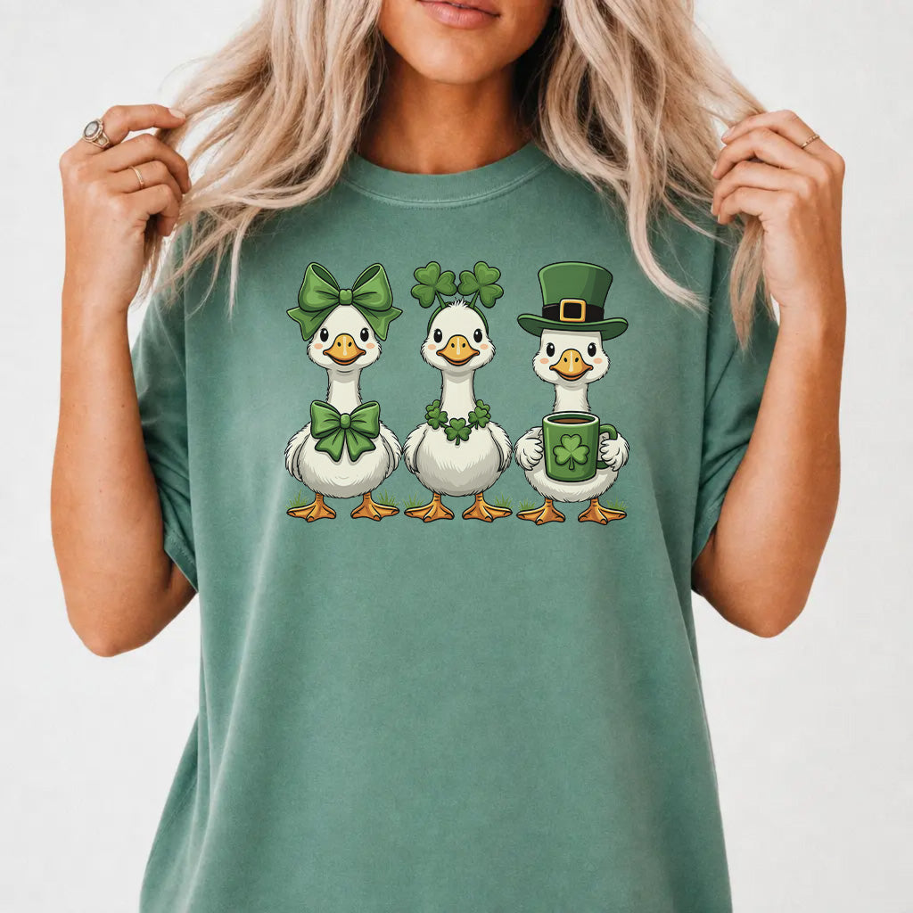 Woman wearing a light green St. Patrick&