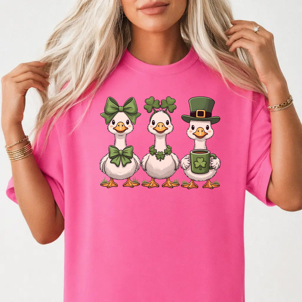 Woman wearing a neon pink St. Patrick&