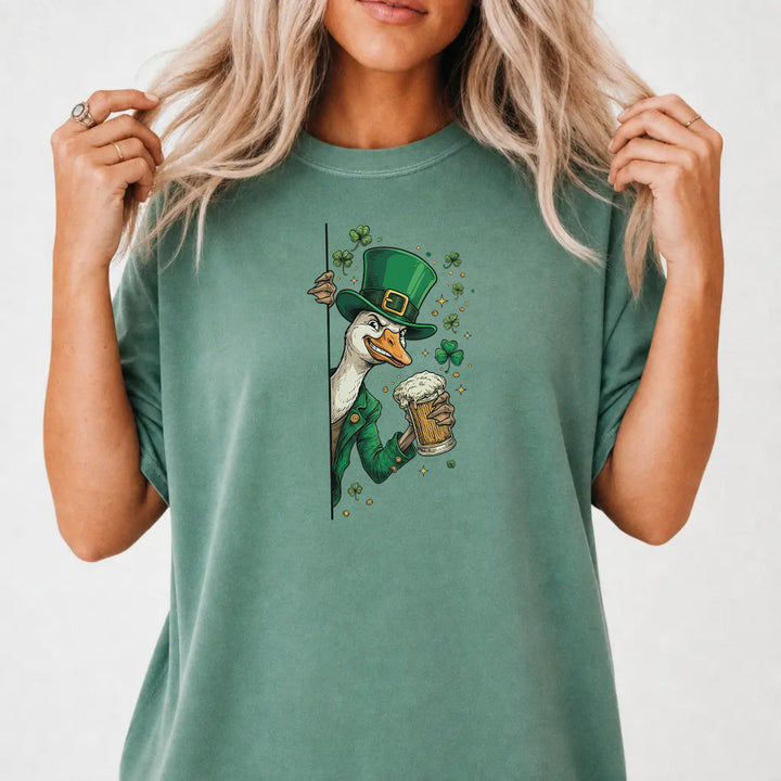 Woman wearing a light green St. Patrick&