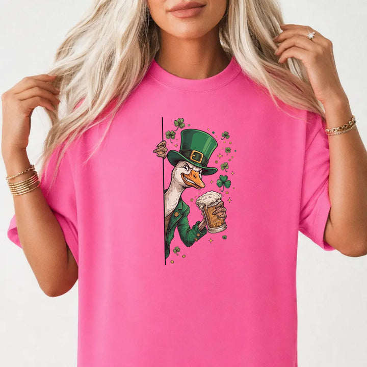Woman wearing a neon pink St. Patrick&