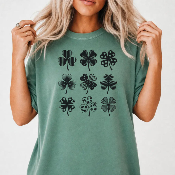 Woman wearing a light green St. Patrick&