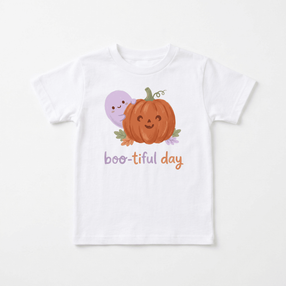 Boo-tiful Day Ghost &amp; Pumpkin Toddler Tee | Girls Halloween - Okum Tees