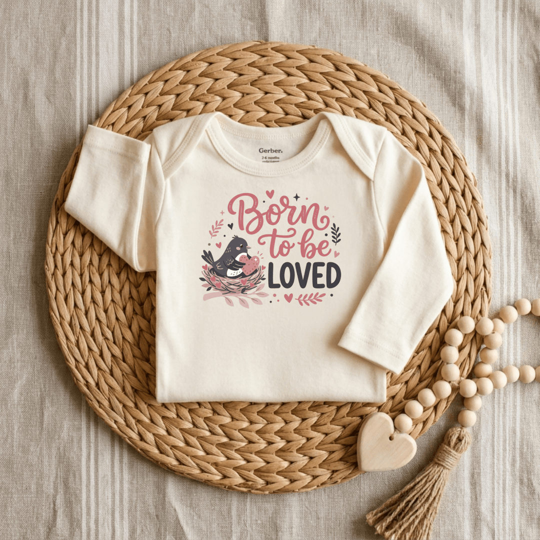 Born to Be Loved Bird &amp; Heart Baby Onesie® | Girls Outfit - Okum Tees