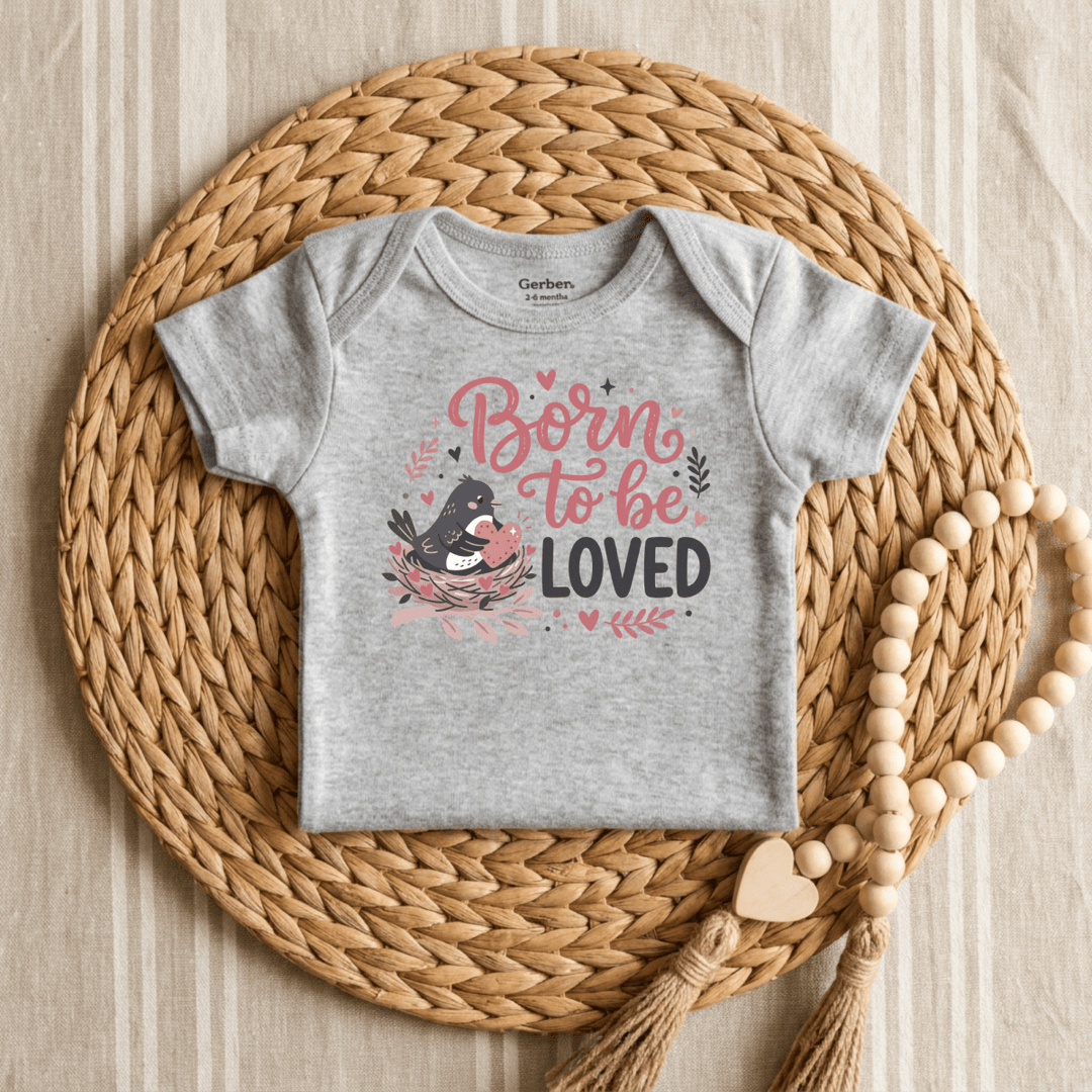 Born to Be Loved Bird &amp; Heart Baby Onesie® | Girls Outfit - Okum Tees