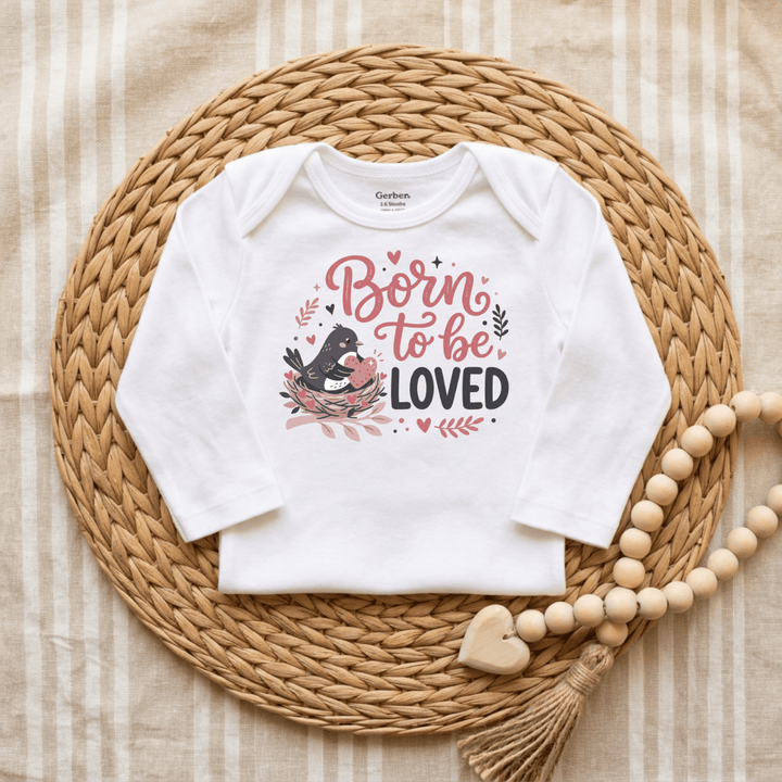 Born to Be Loved Bird &amp; Heart Baby Onesie® | Girls Outfit - Okum Tees