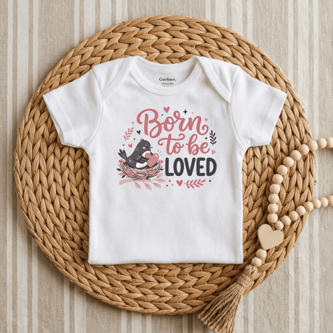 Born to Be Loved Bird &amp; Heart Baby Onesie® | Girls Outfit - Okum Tees
