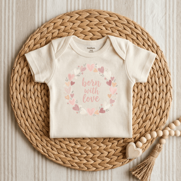 Born With Love Heart Wreath Baby Onesie® | Cute Baby Gift - Okum Tees