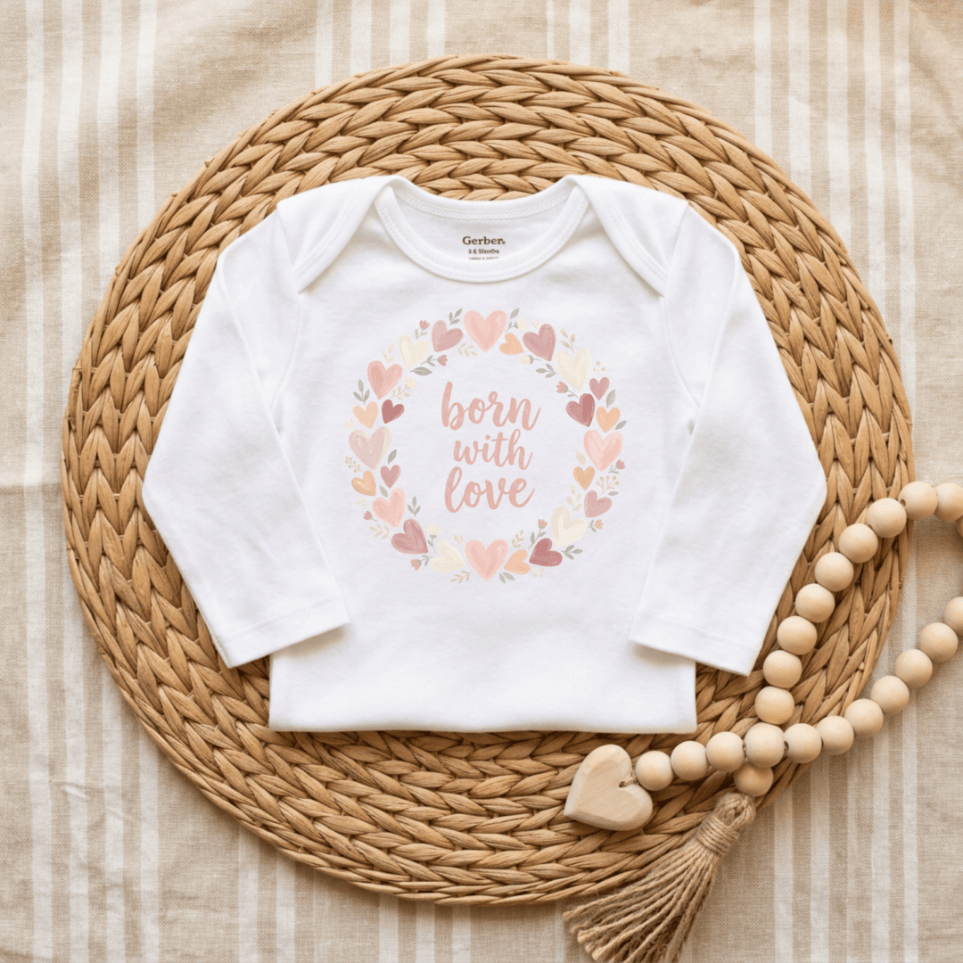 Born With Love Heart Wreath Baby Onesie® | Cute Baby Gift - Okum Tees