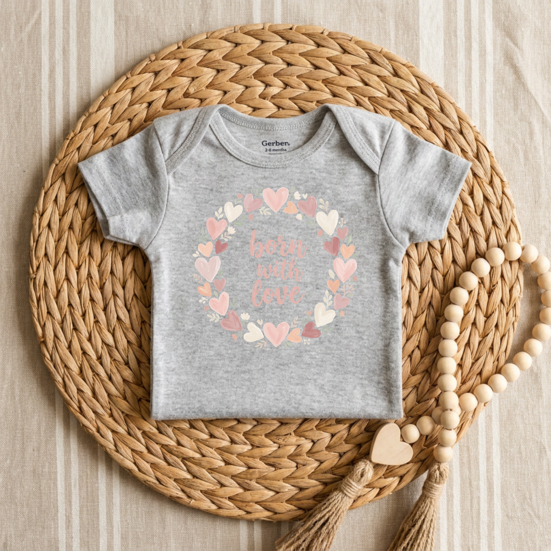 Born With Love Heart Wreath Baby Onesie® in Grey — Okum Tees