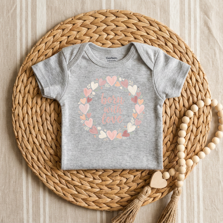 Born With Love Heart Wreath Baby Onesie® in Grey — Okum Tees