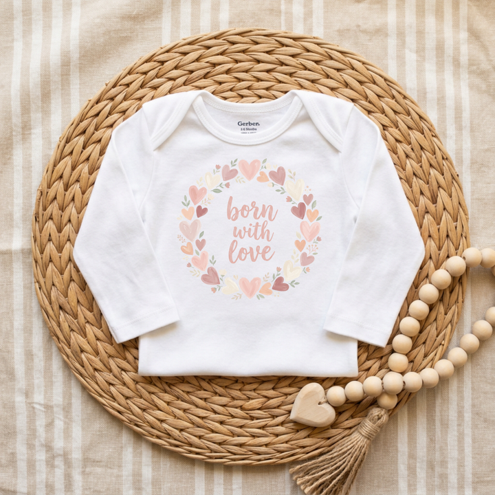 Born With Love Heart Wreath Baby Onesie® in White — Okum Tees